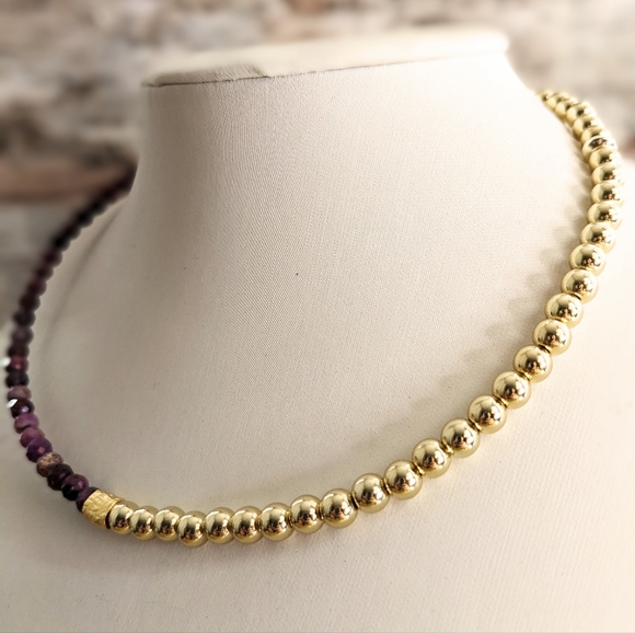 Natural Red And Pink Ruby In Assymetrical Gold Beaded Choker/Necklace - Picture 3 of 9